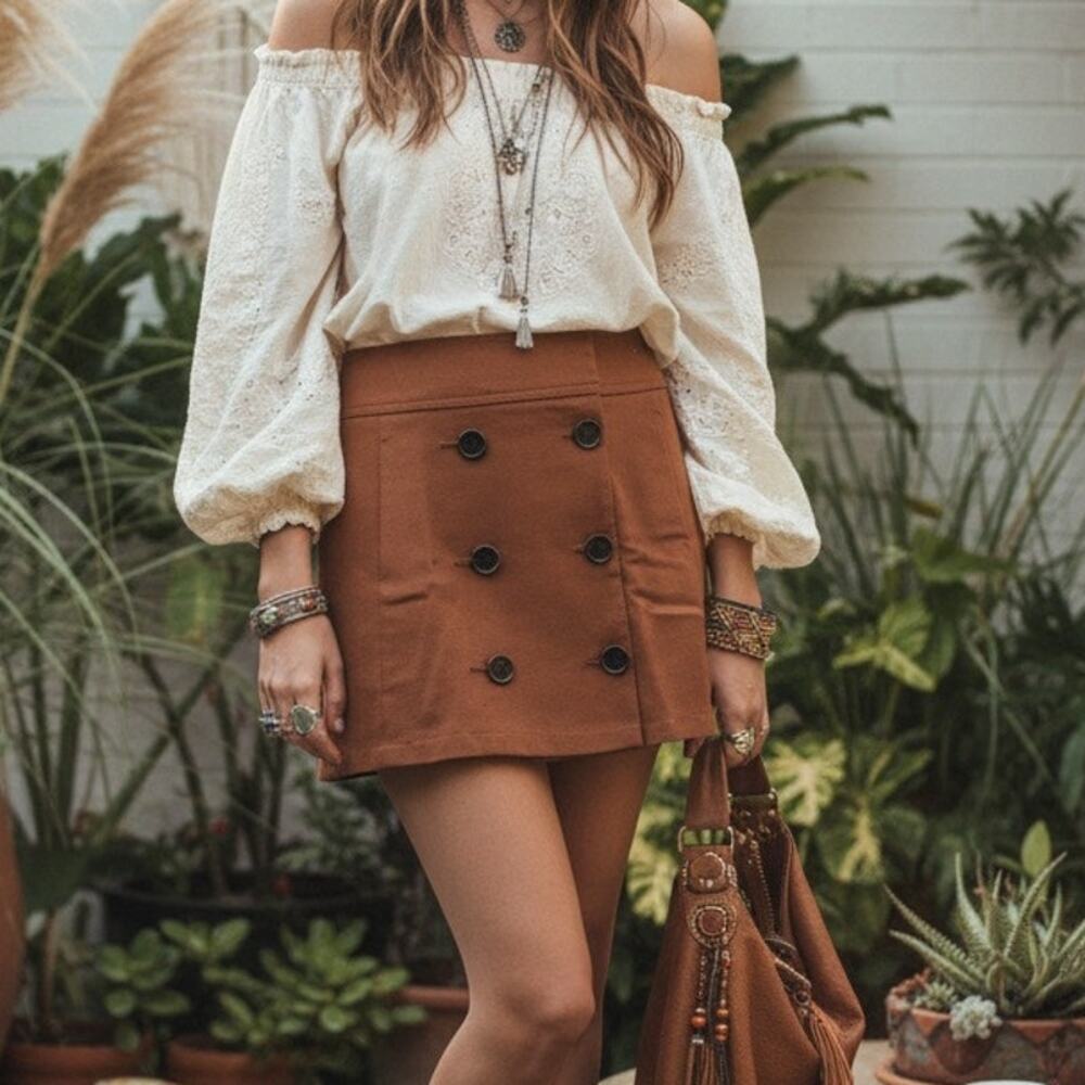 Loft Women´s Brown A-line Bohemian Preppy Western Button Wrap Skirt size 6